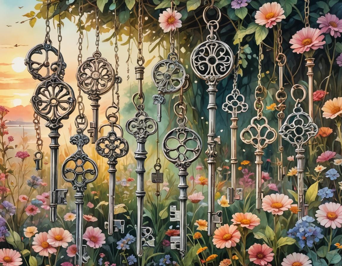 Crystal Keys in a Flower Garden Watercolor