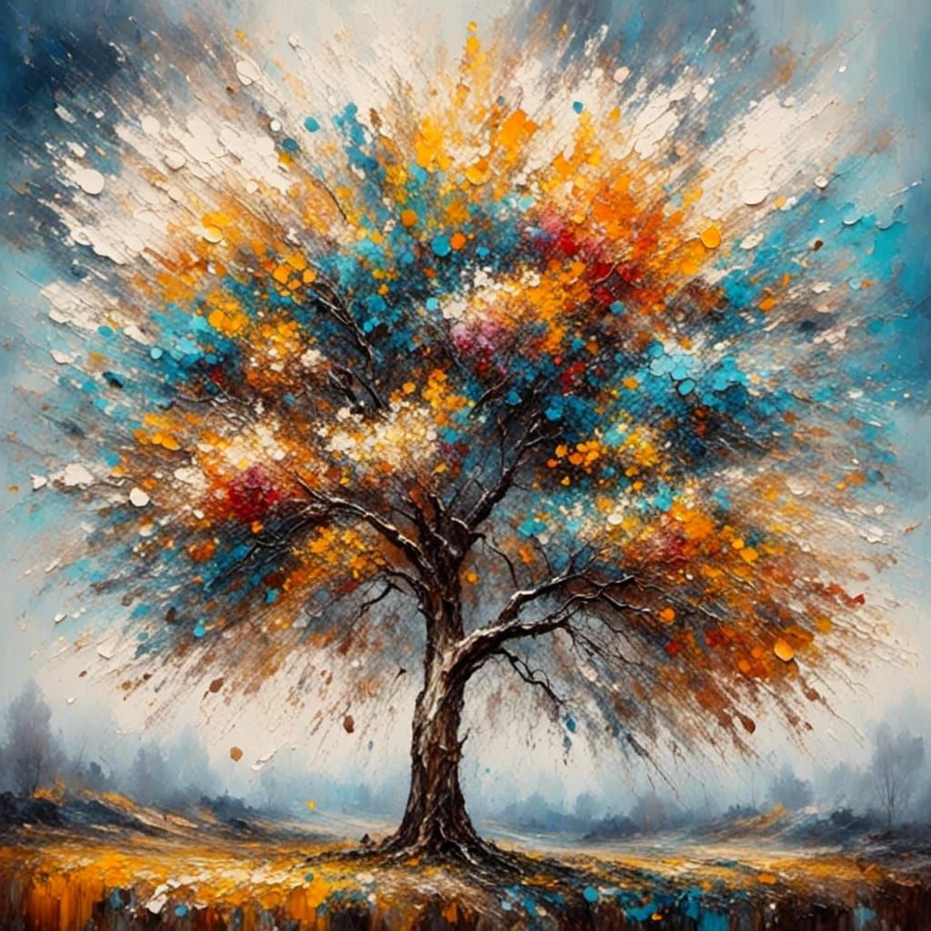 Majestic Tree in Impasto Oil Painting with Watercolor Accent...