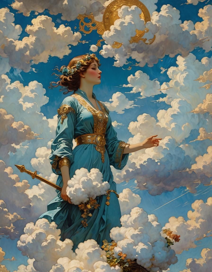 The cloud shepherdess who is looking upwards into the brilliant cerulean blue sky and moving the living cumulus clouds a...