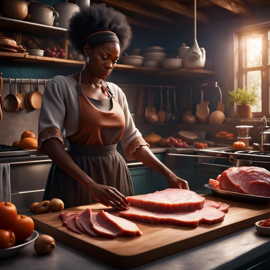 Black Woman Making Ham: Detailed Matte Painting