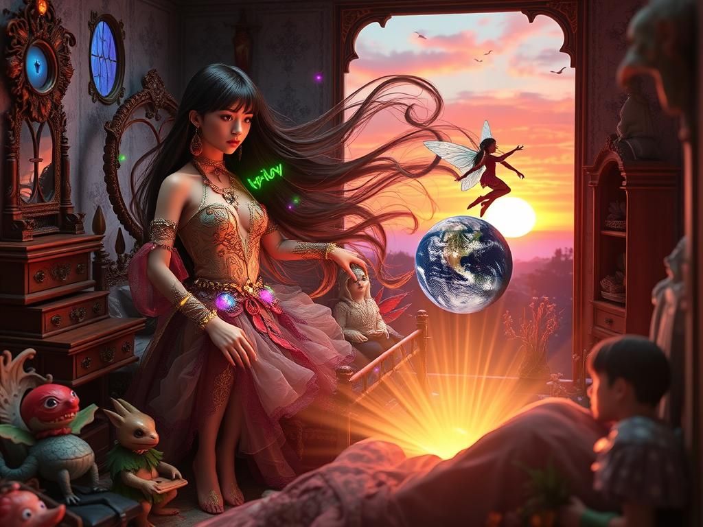 Surreal Squarepants Woman in Dreamlike Dollhouse Setting