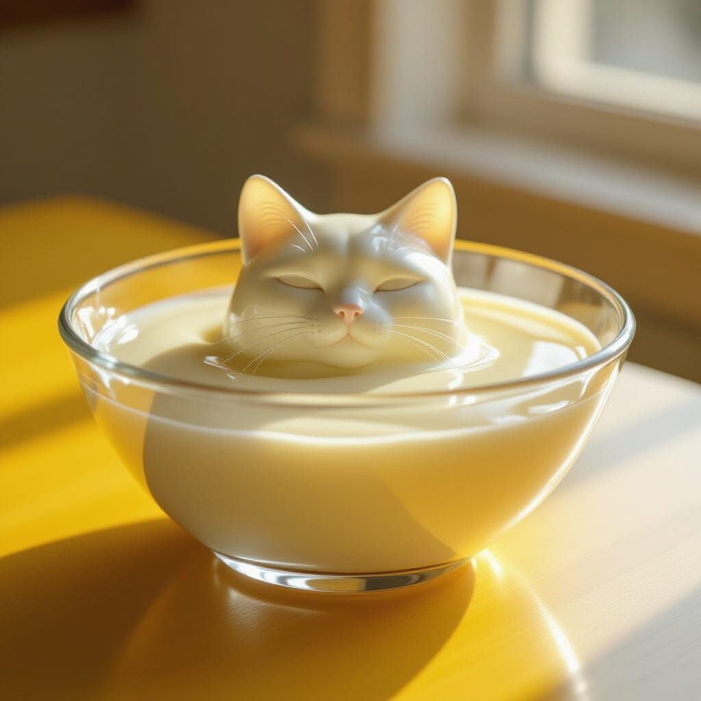 Melting Chocolate Cat in Glass Bowl, Photorealistic Style