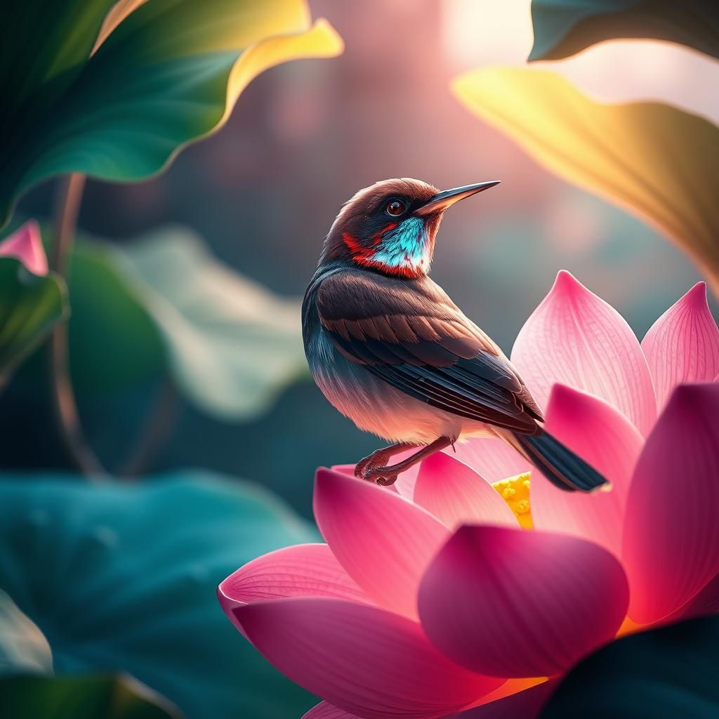 Iridescent Nightingale on Lotus Flower: 3D Anime Art
