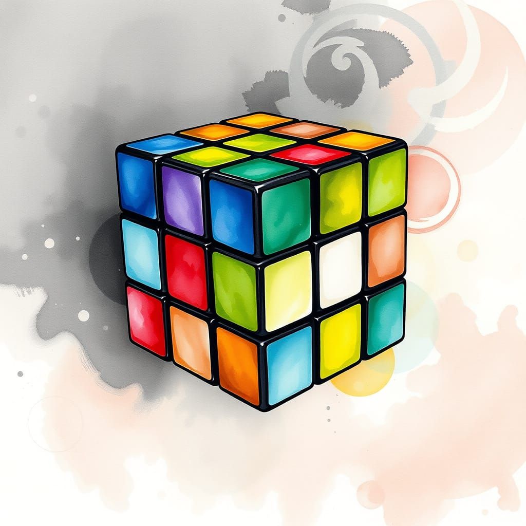 Vibrant Rubik's Cube Painting in Watercolour and Ink