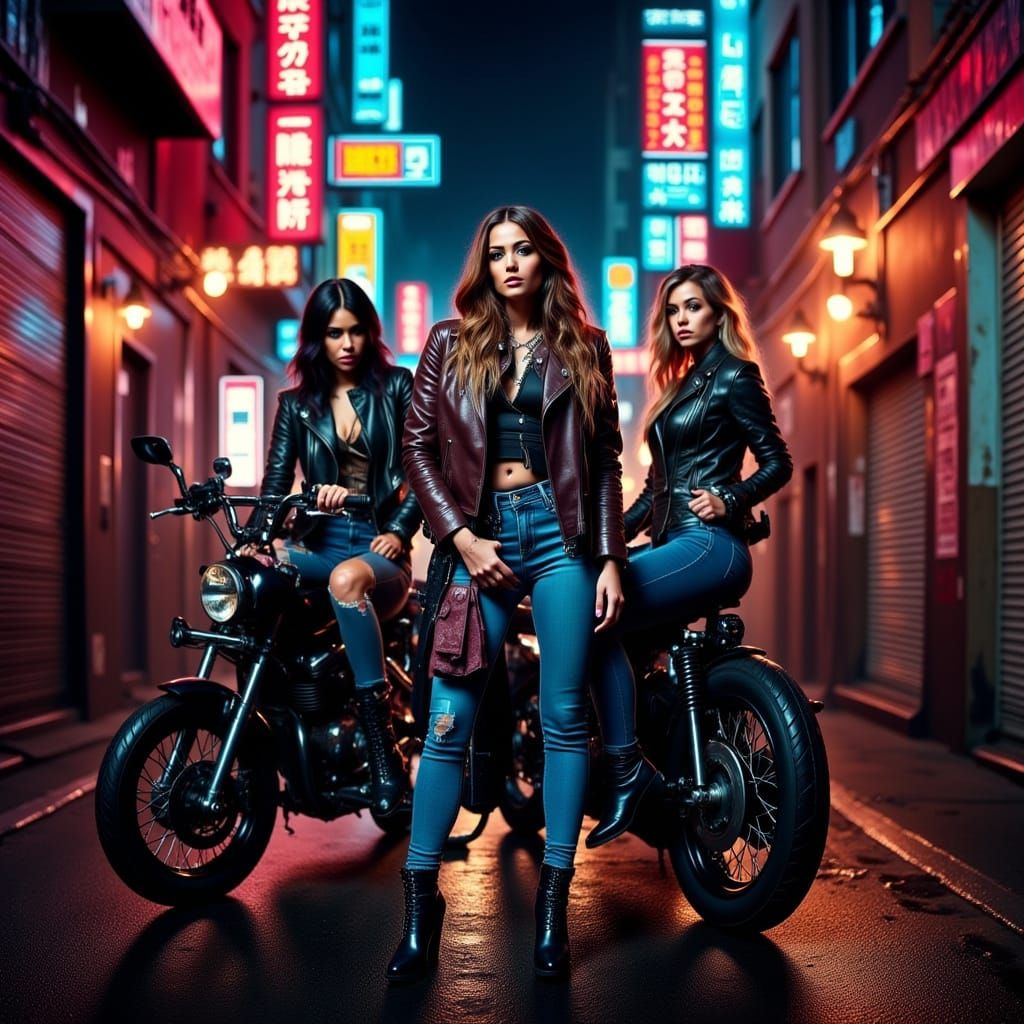 Women's Motorcycle Gang Posing in Neon Alley