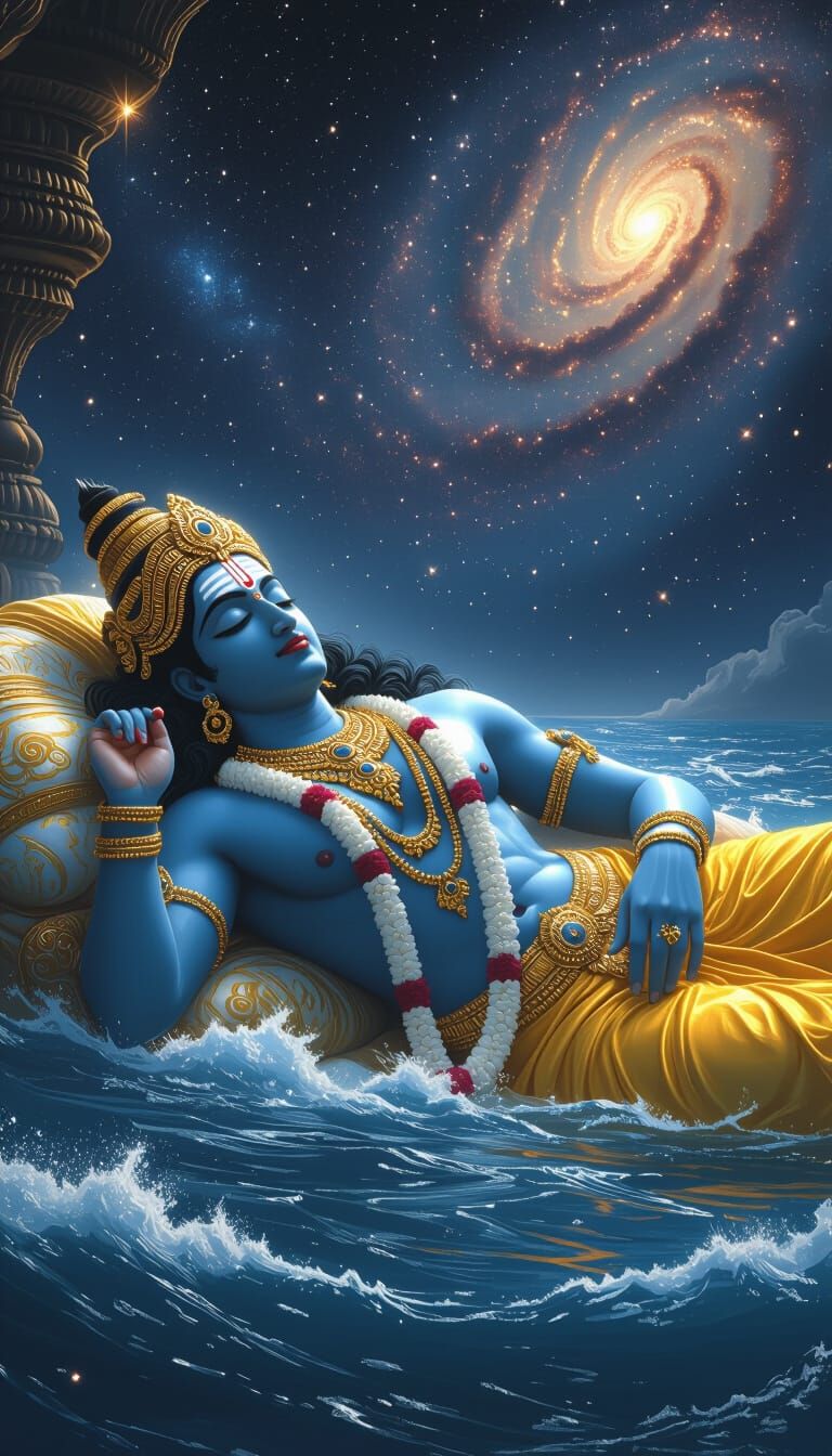 Vishnu Sleeping on Sheshnaag in Cosmic Ocean
