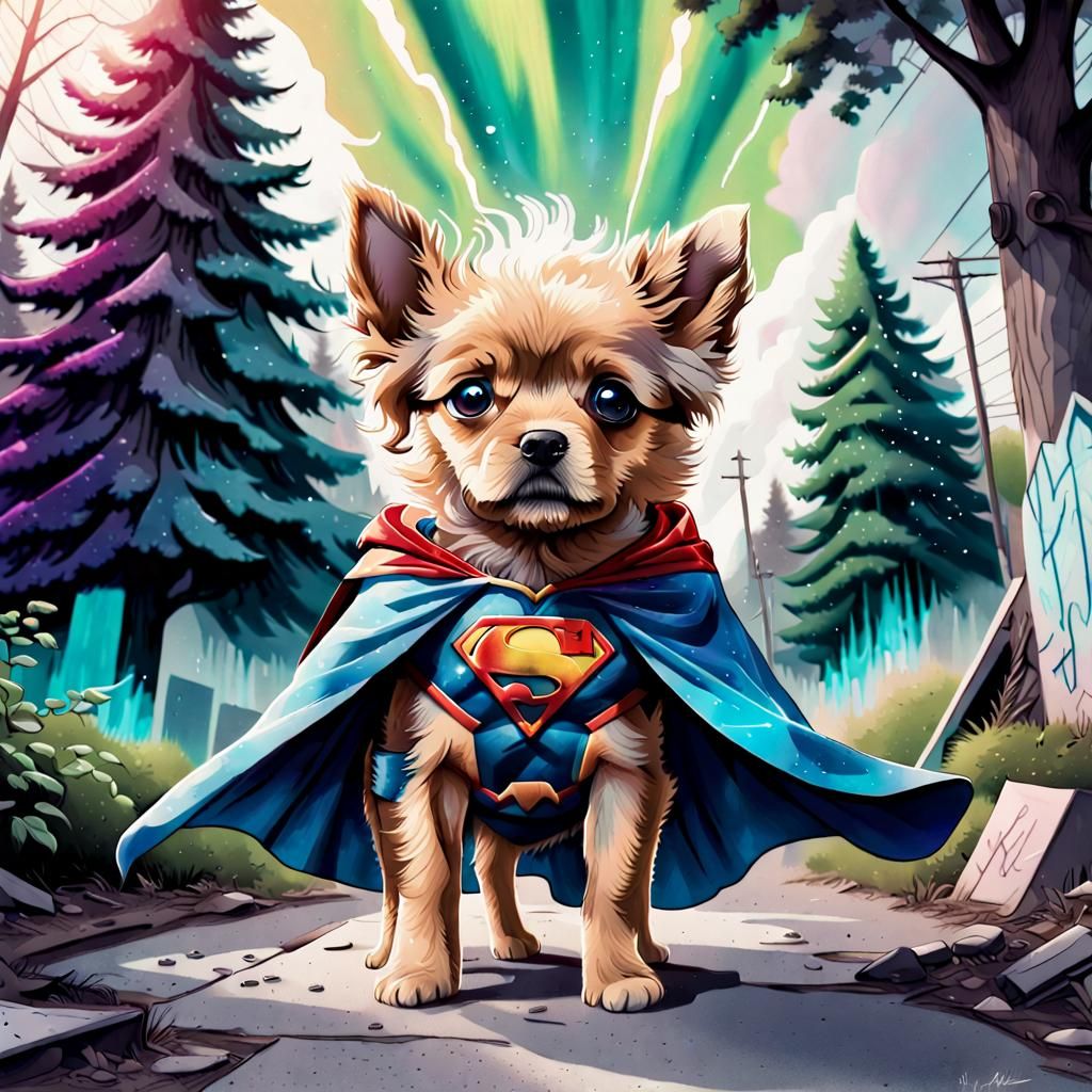 Fierce Superhero Puppy in Vaporwave Graffiti Style