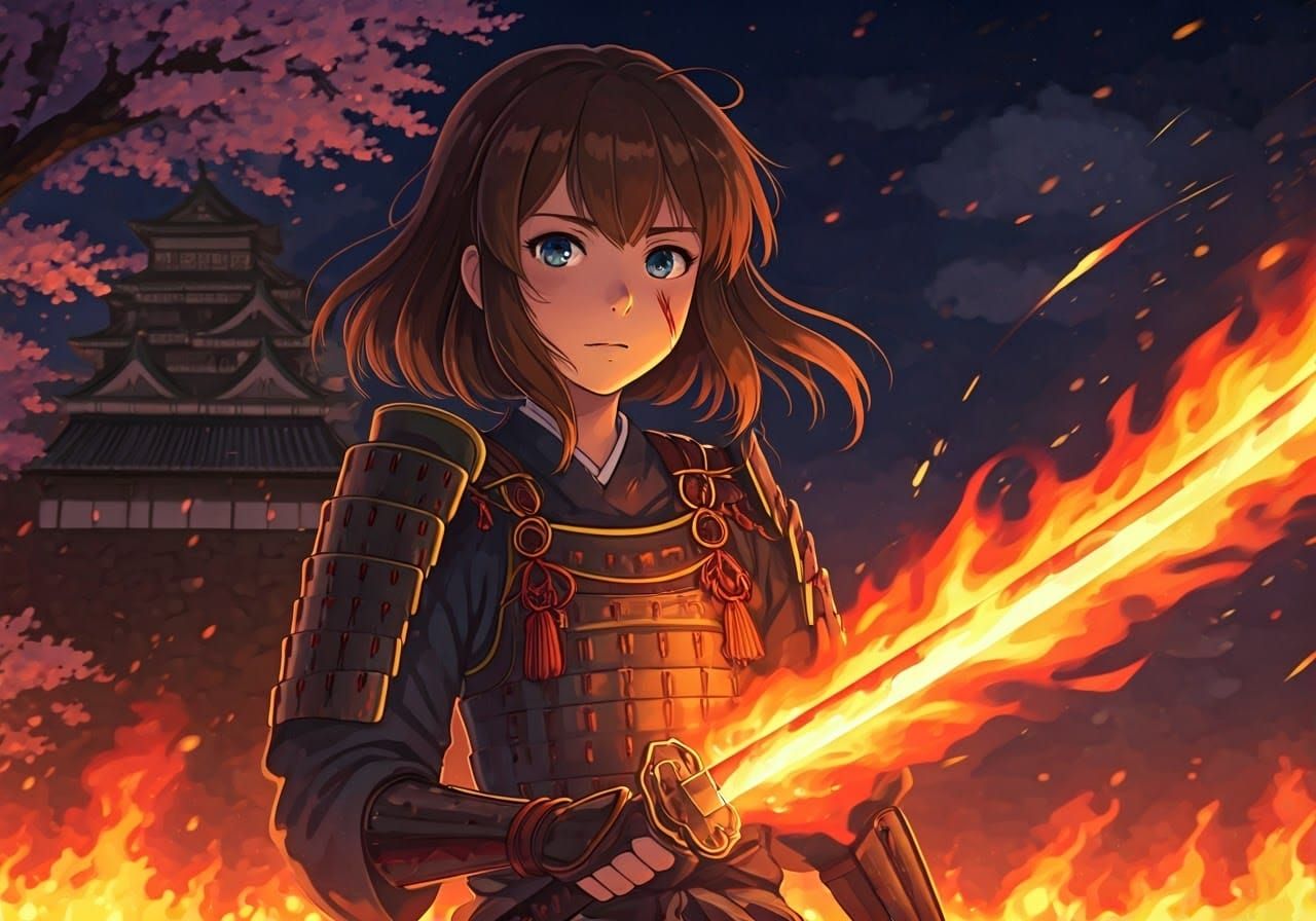 Fiery Samurai Girl in Anime Style