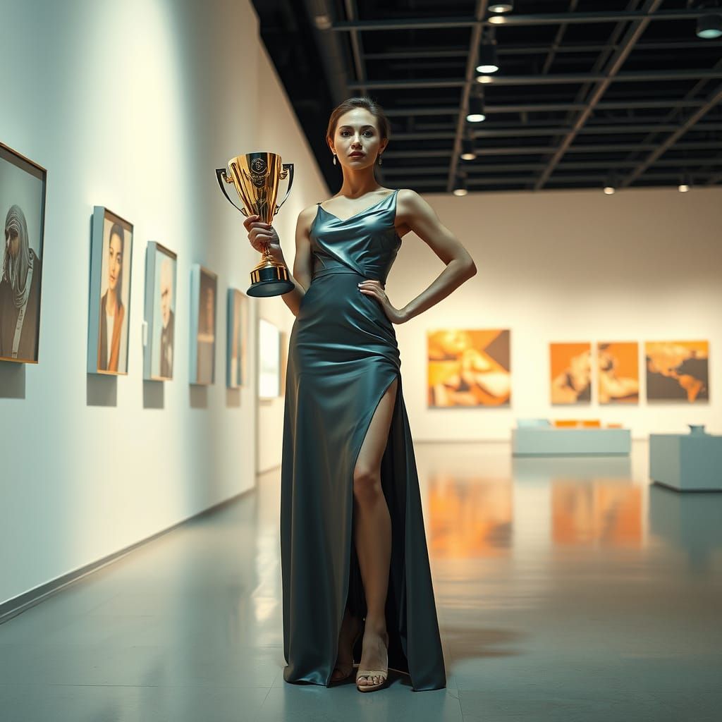 Woman Holding Trophy in Futuristic Art Gallery