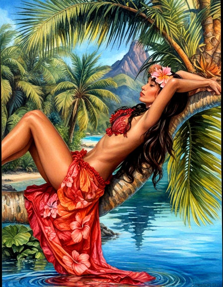 Surreal Hula Dancer in Palm Tree Over Water