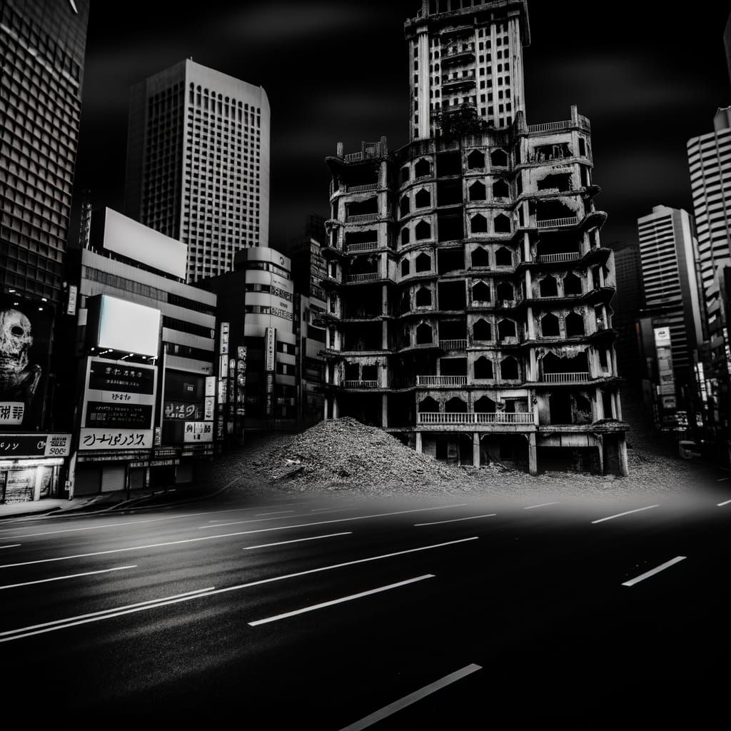 Eerie Haunted Hotel in Bustling Metropolis at Midnight