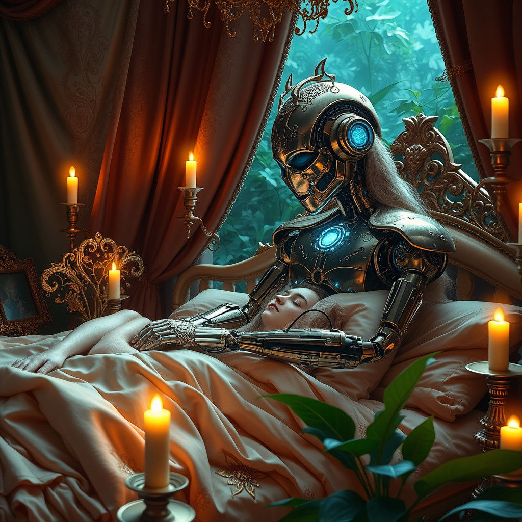 Blonde Woman and Robot in Dreamlike Sci-Fi Landscape