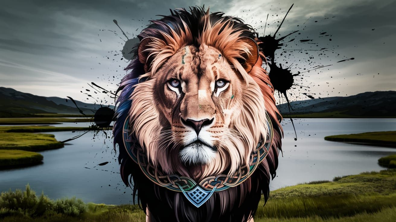 Lion with Celtic Fractal Mosaic Mane in Abstract Expressioni...