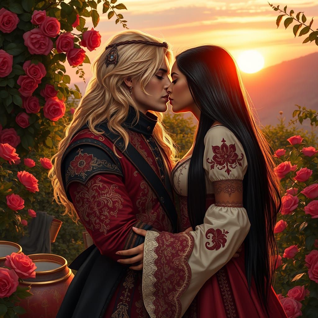 Romantic Kiss in a Rose Garden: Hyperrealistic Illustration