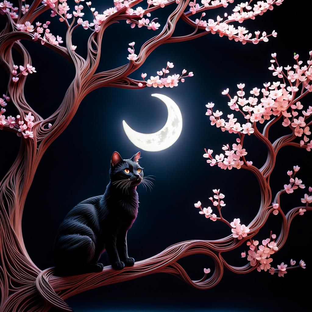 Glowing Cherry Blossom Tree with Black Cat: Intricate Paper ...