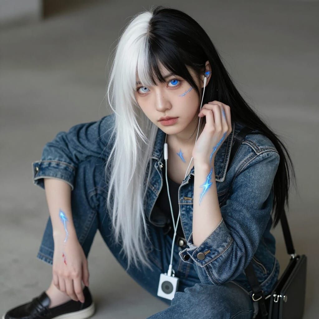 Striking Portrait of a Woman with Split Hair and Unique Eyes