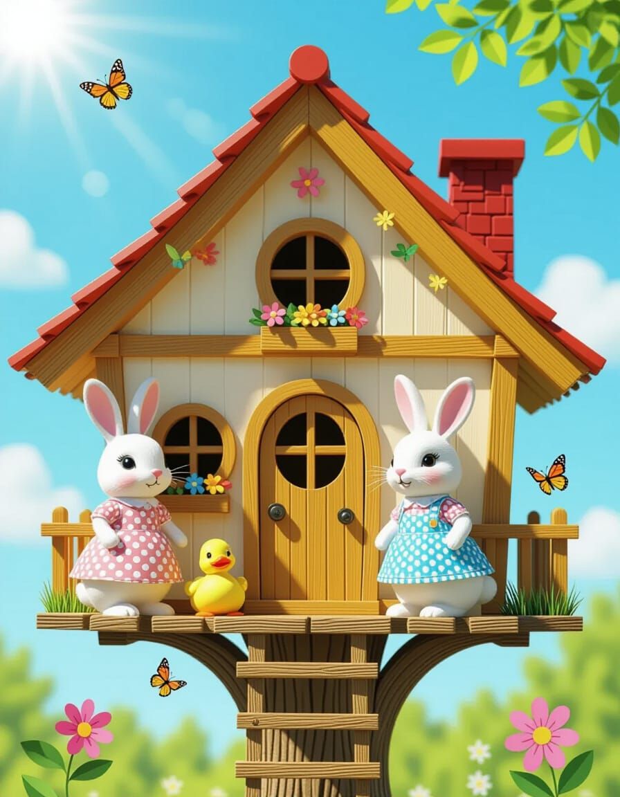 Whimsical Rabbit Treehouse in Folk Art Style