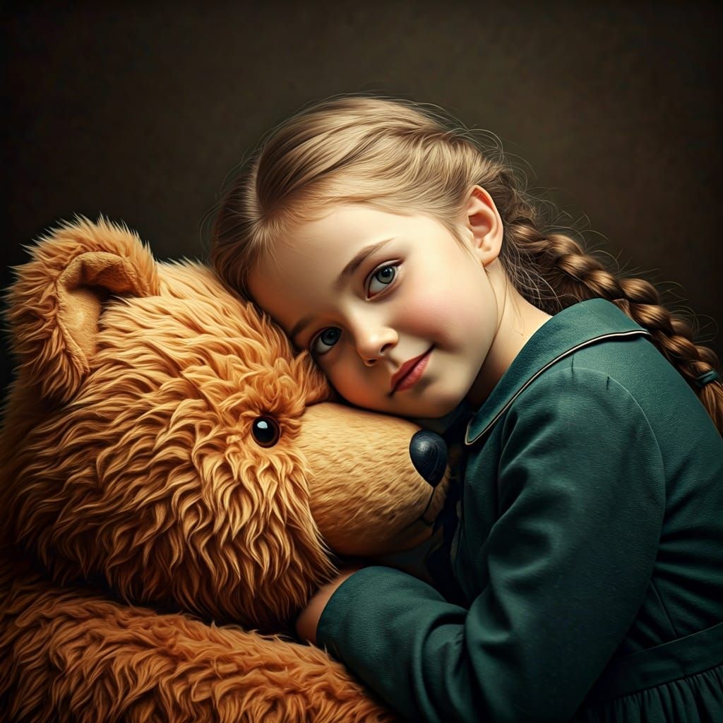 Girl Hugging Bear in Beatrix Potter Style