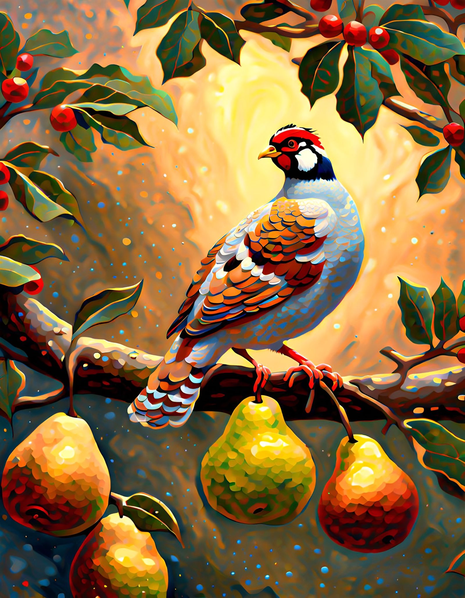 Partridge in Pear Tree, Kinkade-Style Oil Painting