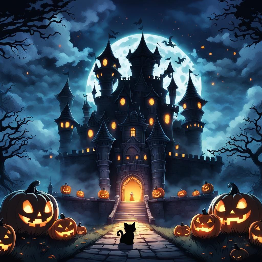 Mouse and Castle in Anime Halloween Style