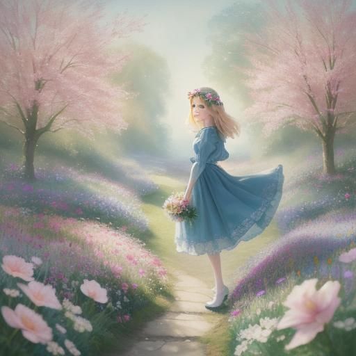 Girl in English Garden: Gouache Storybook Illustration