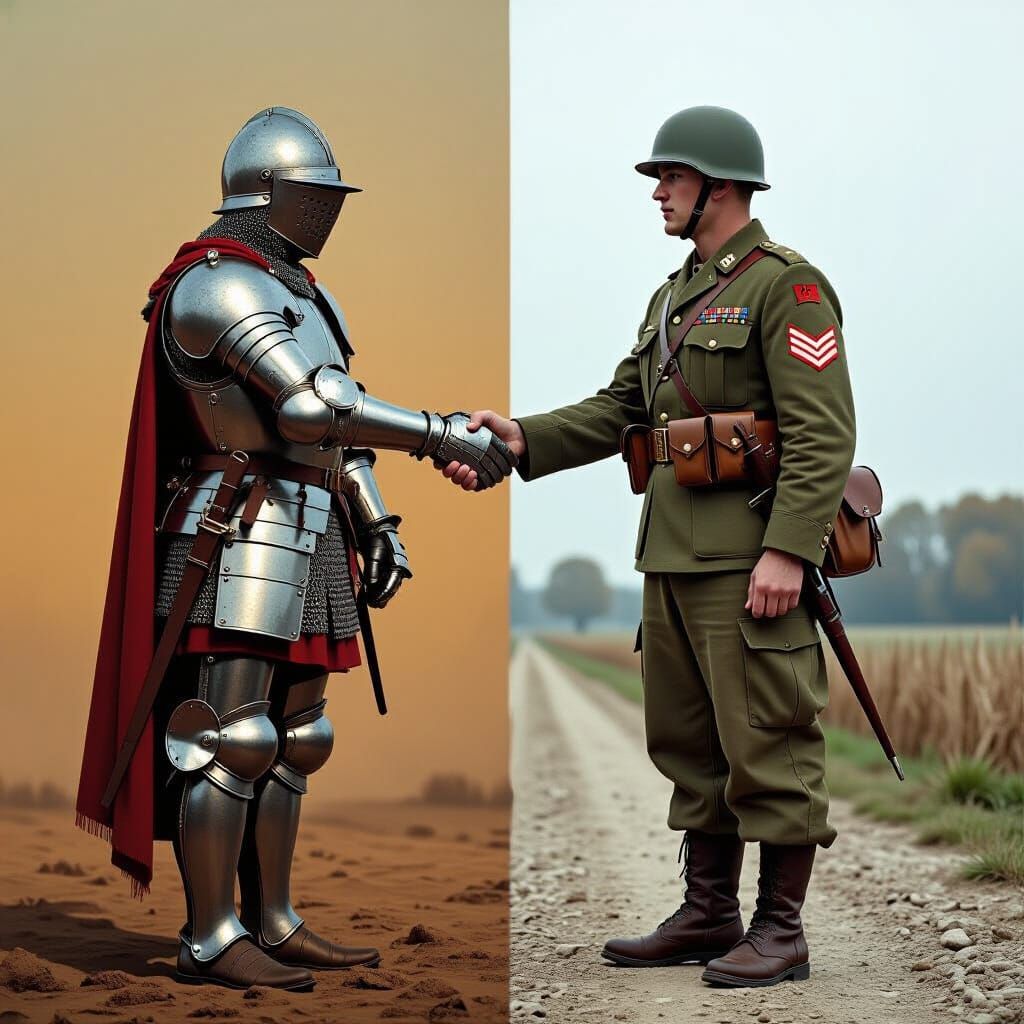 Soldiers from Different Eras Shake Hands