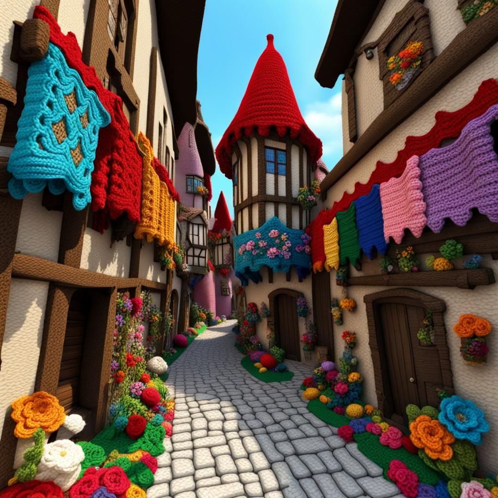 Colorful 3D Crochet Medieval Village Scene