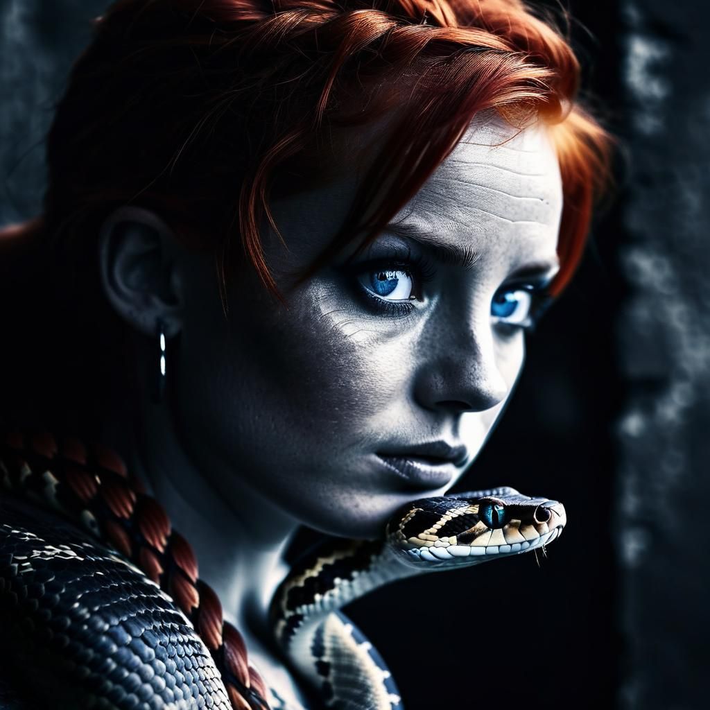 Monochrome Snake Woman Portrait in High Fashion Style