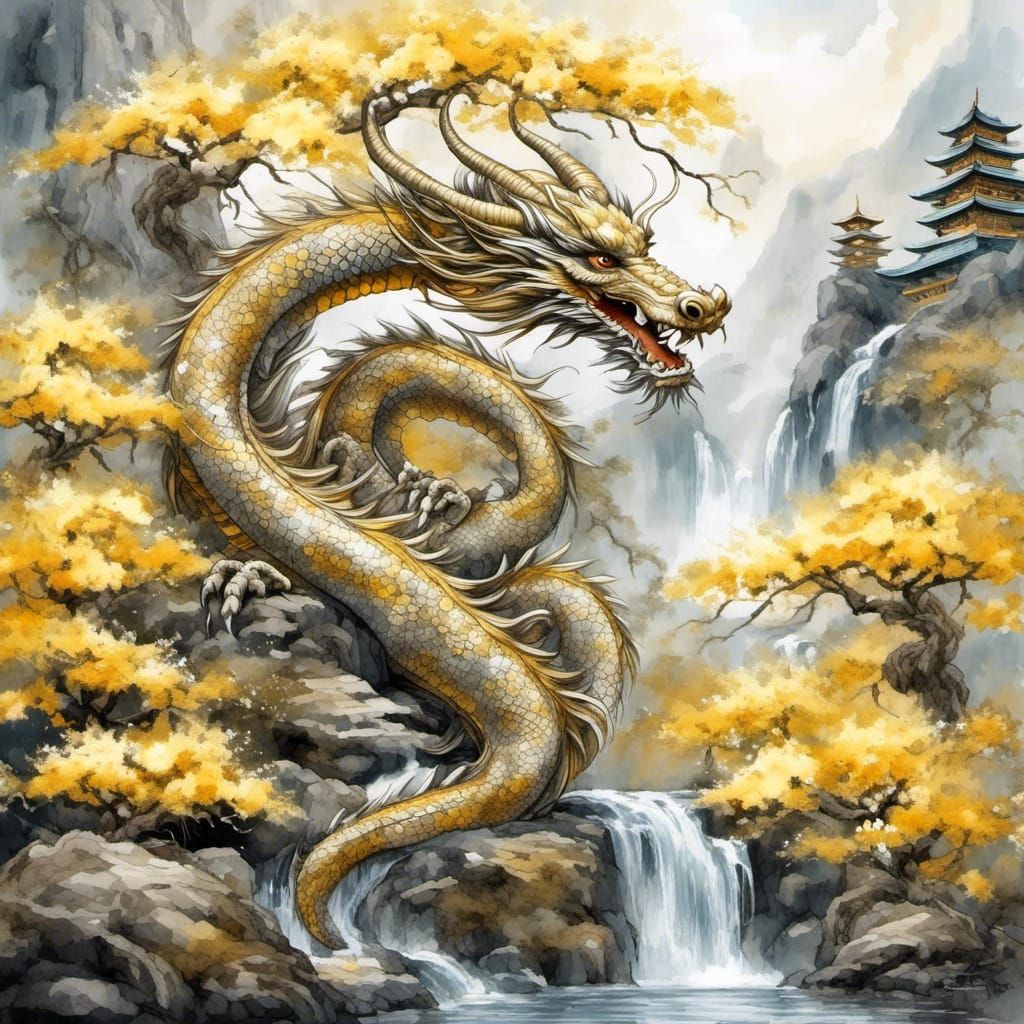 Japanese Watercolor Dragon with Floral Designs
