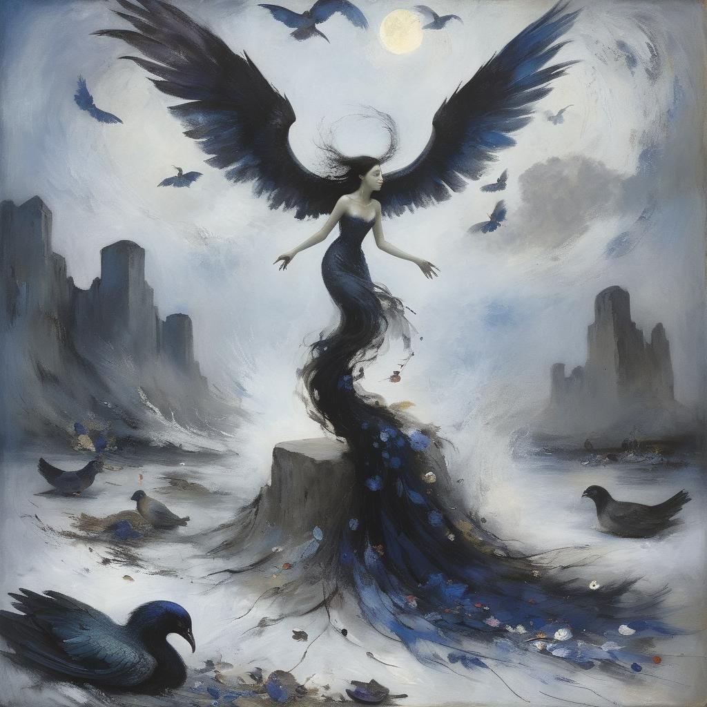 Bird Crashing into Woman's Hair as Dreamlike Painting