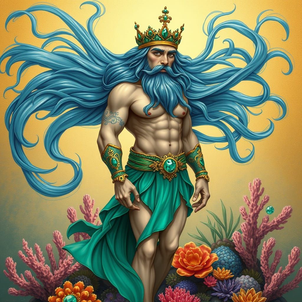 Sea King on Coral Island in Renaissance Art Nouveau Style