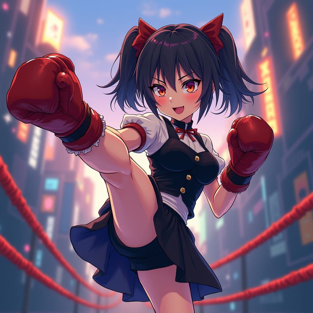 Dynamic Kickboxing Maid in Anime-Style Cityscape