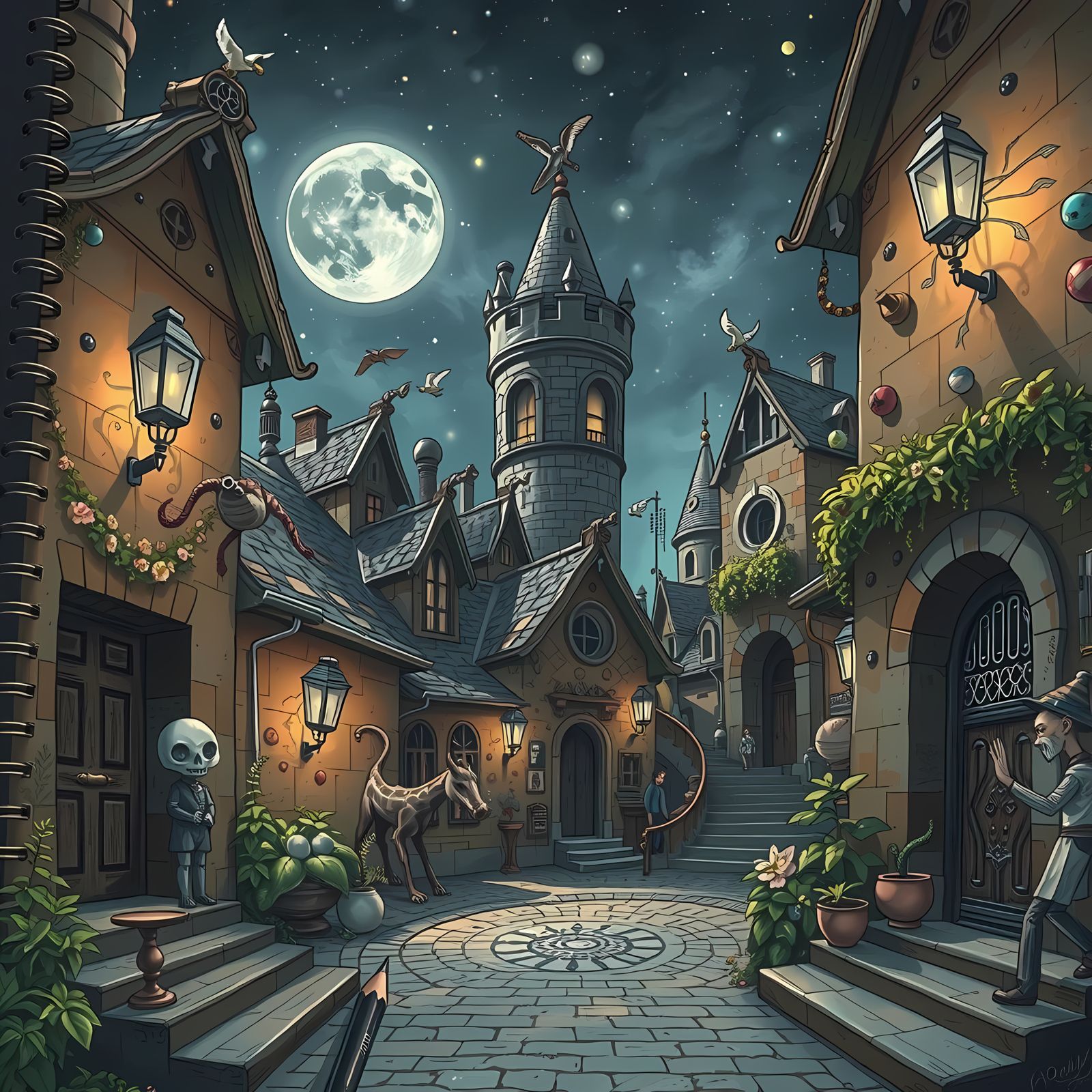 Galactic Notebook Page with Mythological Creatures