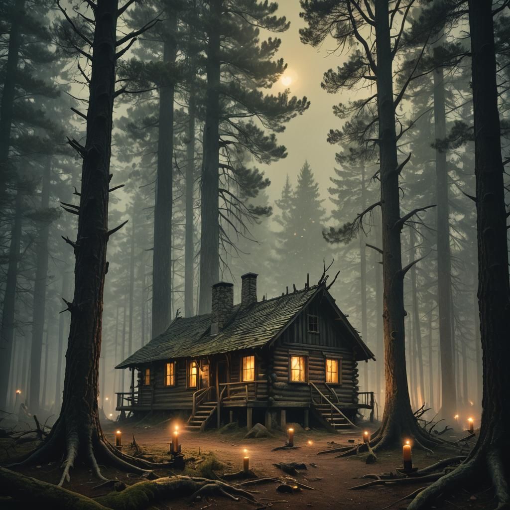 Eerie Cabin in Pine Forest: Dark Fantasy Artwork