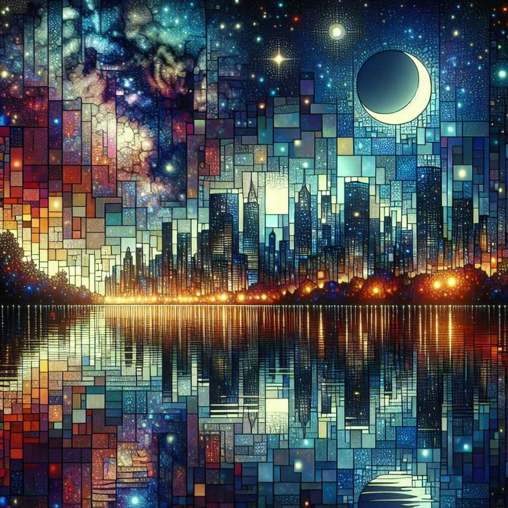 Starry Night Cityscape in Stained Glass Style