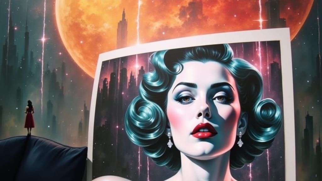 1950s Pinup Lady in Neon Sunset with Monster