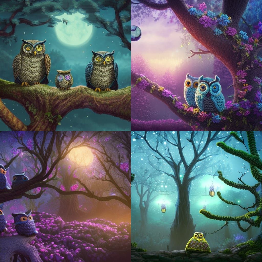 Crochet Owls Dream Under a Starry Sky