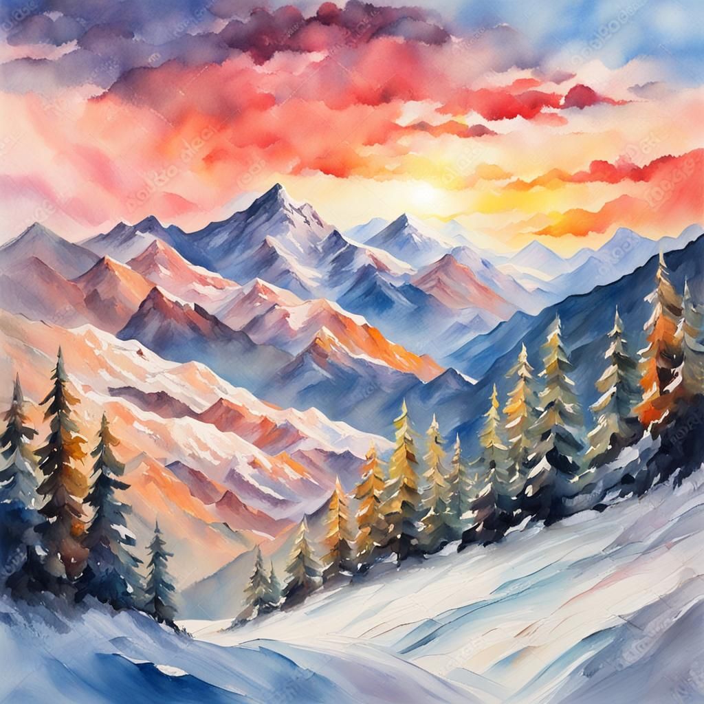 Snowy Mountain Sunrise in Gouache Watercolor Style