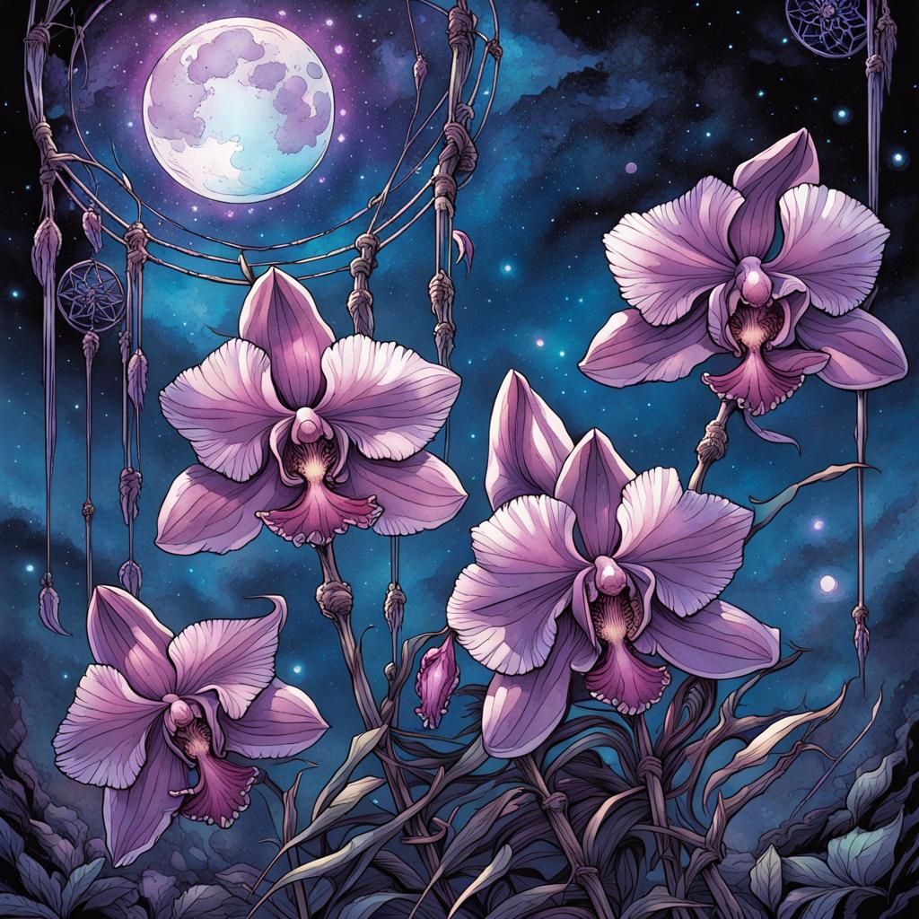Cosmic Orchid Flowers Under Starry Night