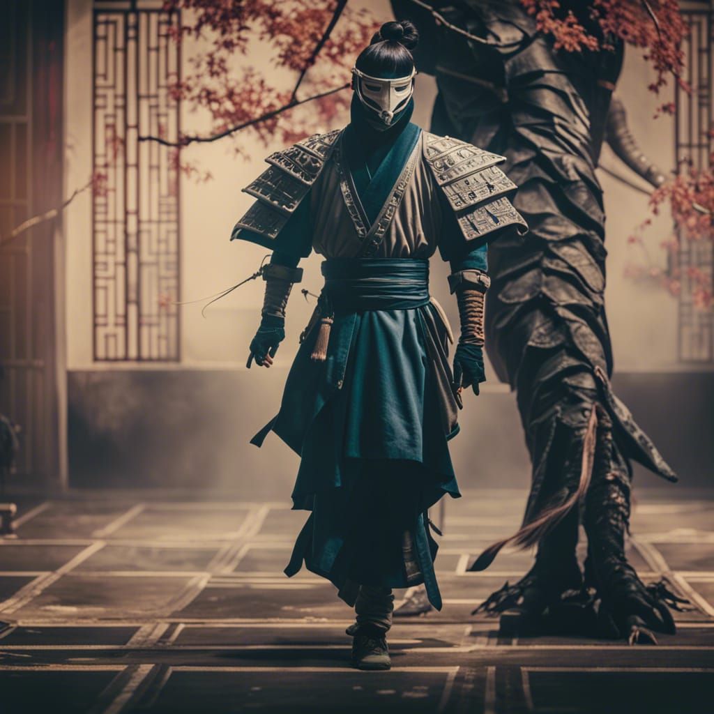 Cinematic Wuxia Protagonist with Mask in Film Still
