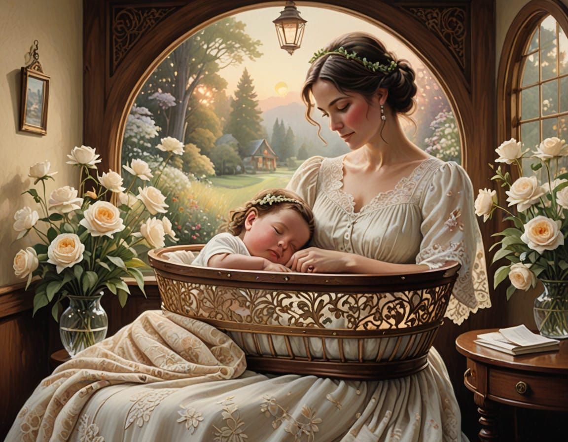 Mother's Gentle Lullaby in Warm Impressionist Light
