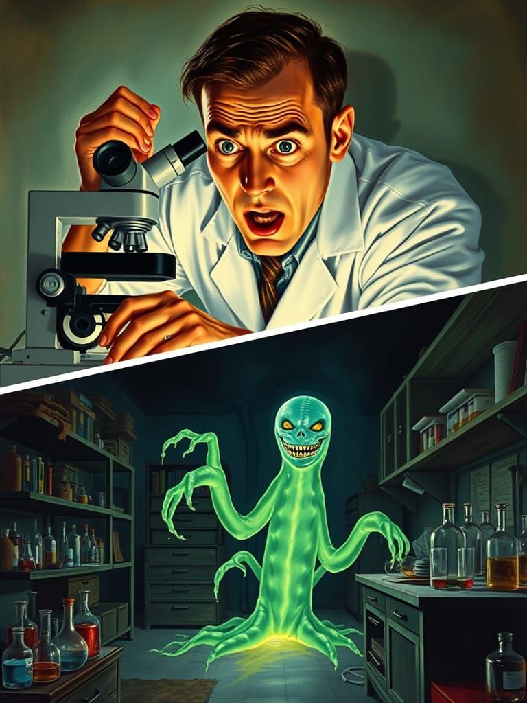Frightened Scientist Faces Glowing Slime Monster in Retro-St...