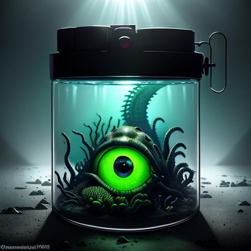 Hyperphotorealistic Sea Monster in Abandoned Lab