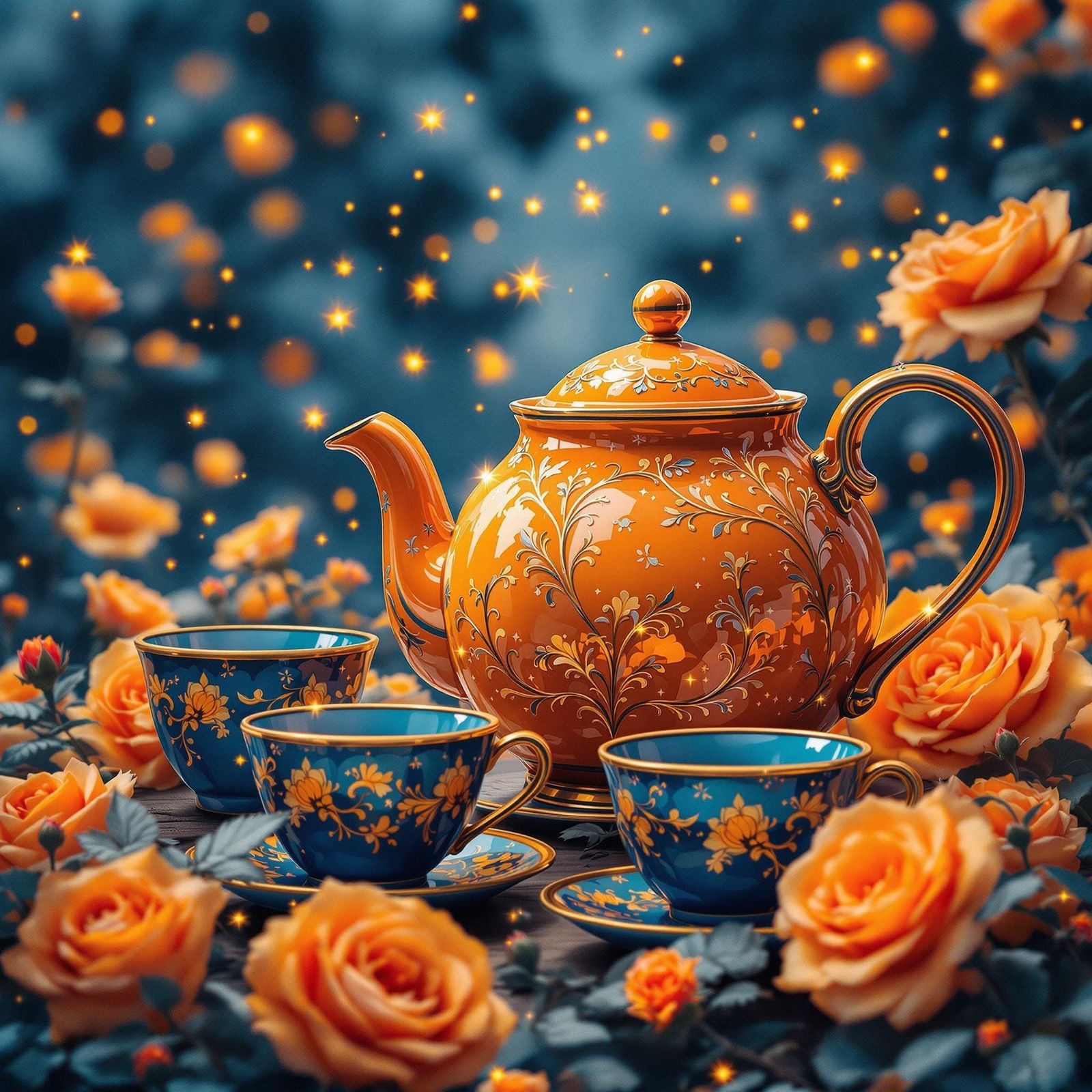 Orange Teapot with Blue Cups in Rose Garden