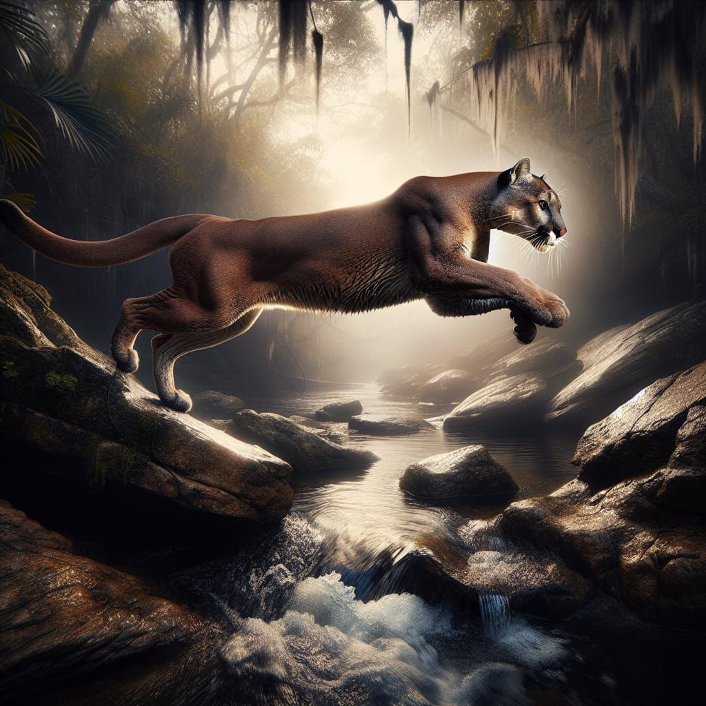 Florida Panther Leaping in Everglades: Hyperrealistic Image
