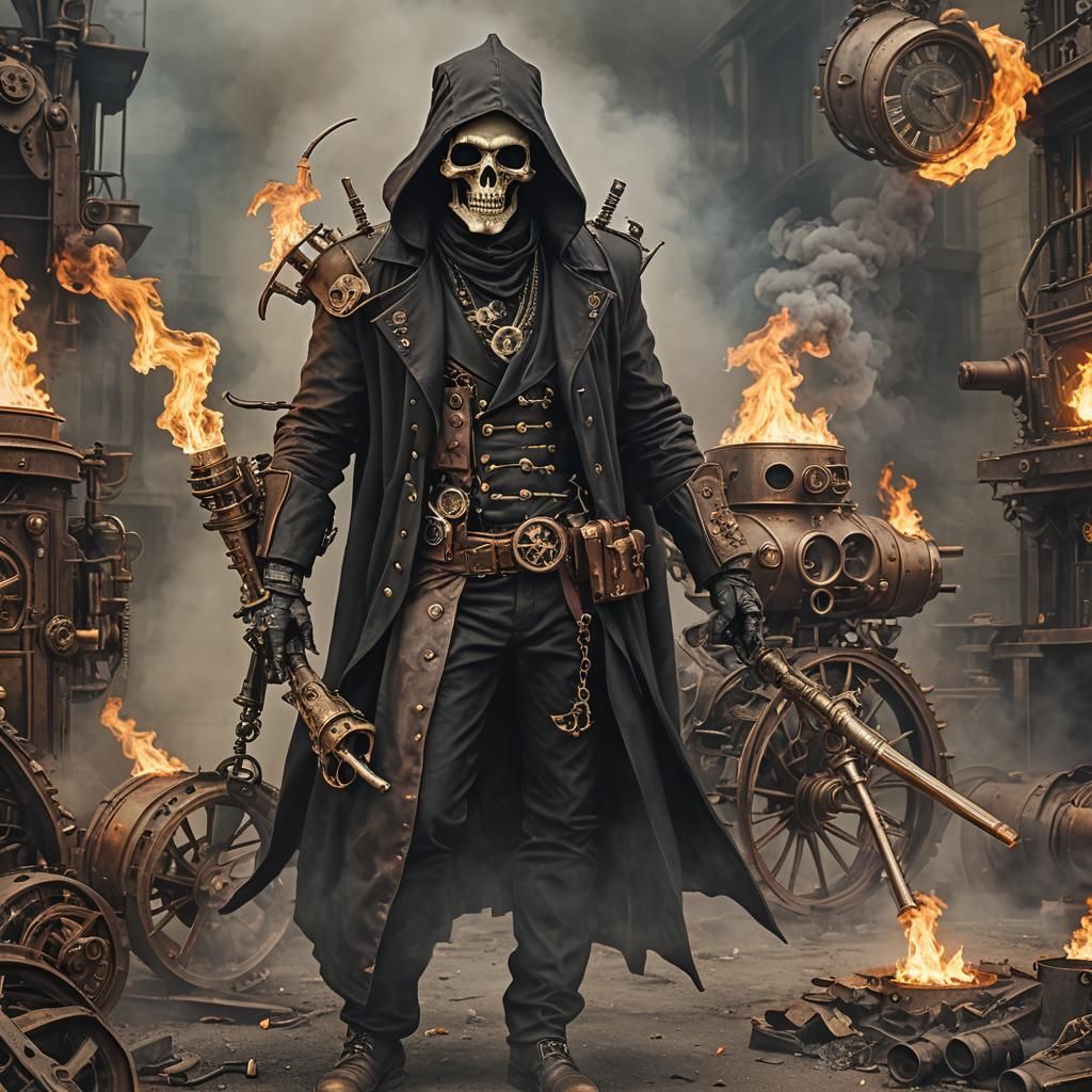Steampunk Grim Reaper Pyromancer: A Fiery Vision