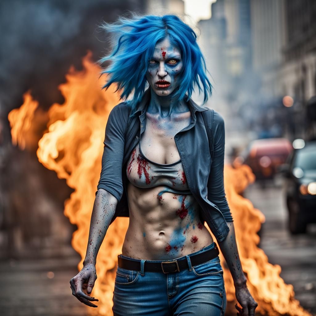 Blue-Haired Zombie Portrait in Burning City