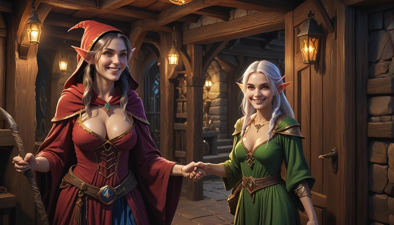 Sorceress Meets Elf in Inn: Hyperrealistic Fantasy Art