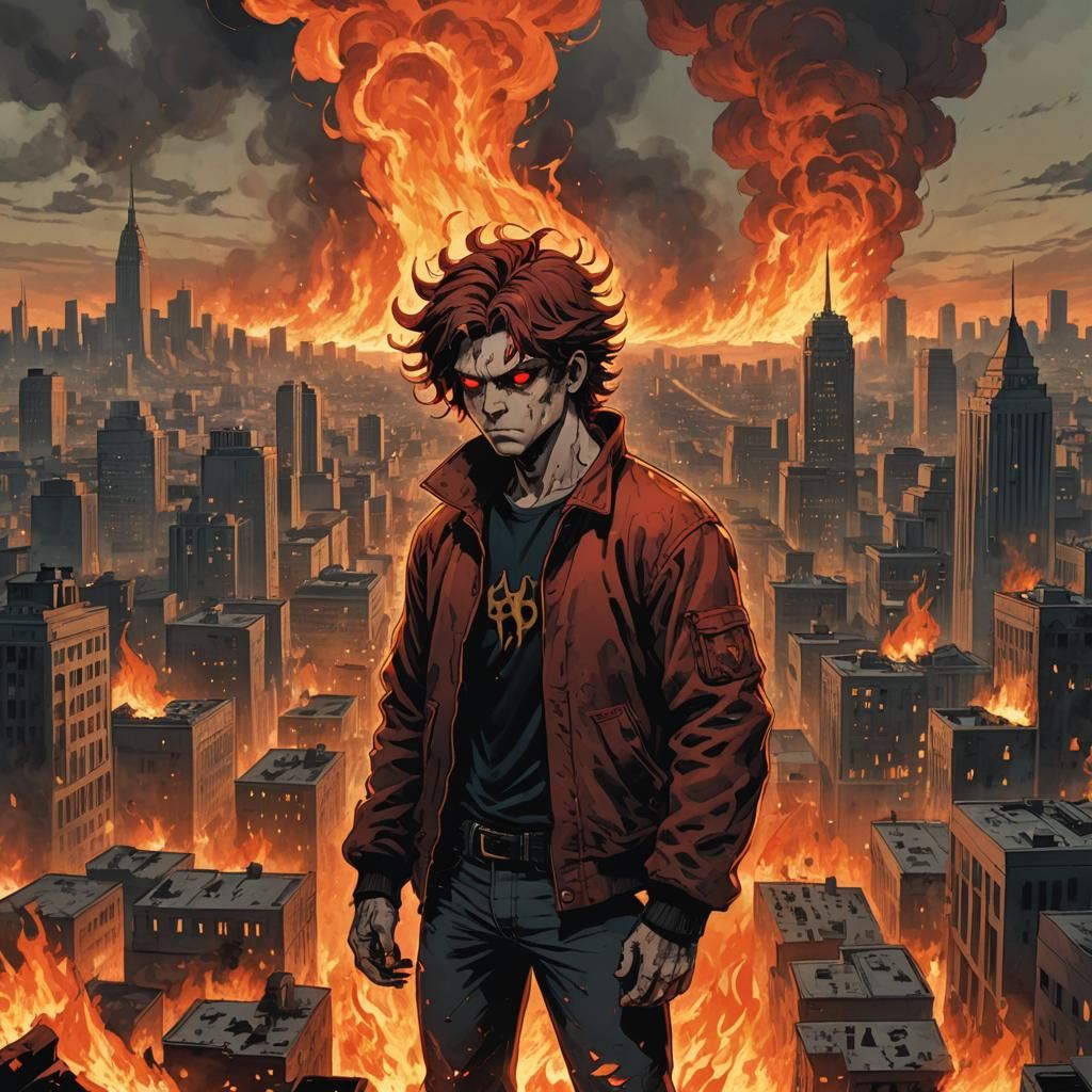 Hellboy Ignites the Cityscape with Flaming Hair