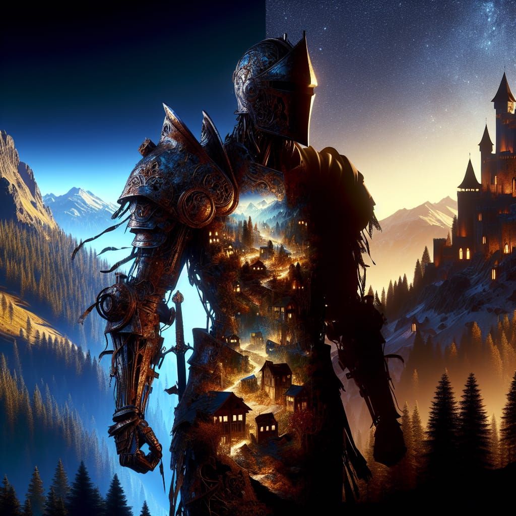 Hyperrealistic Rusty Knight in Medieval Fantasy Landscape